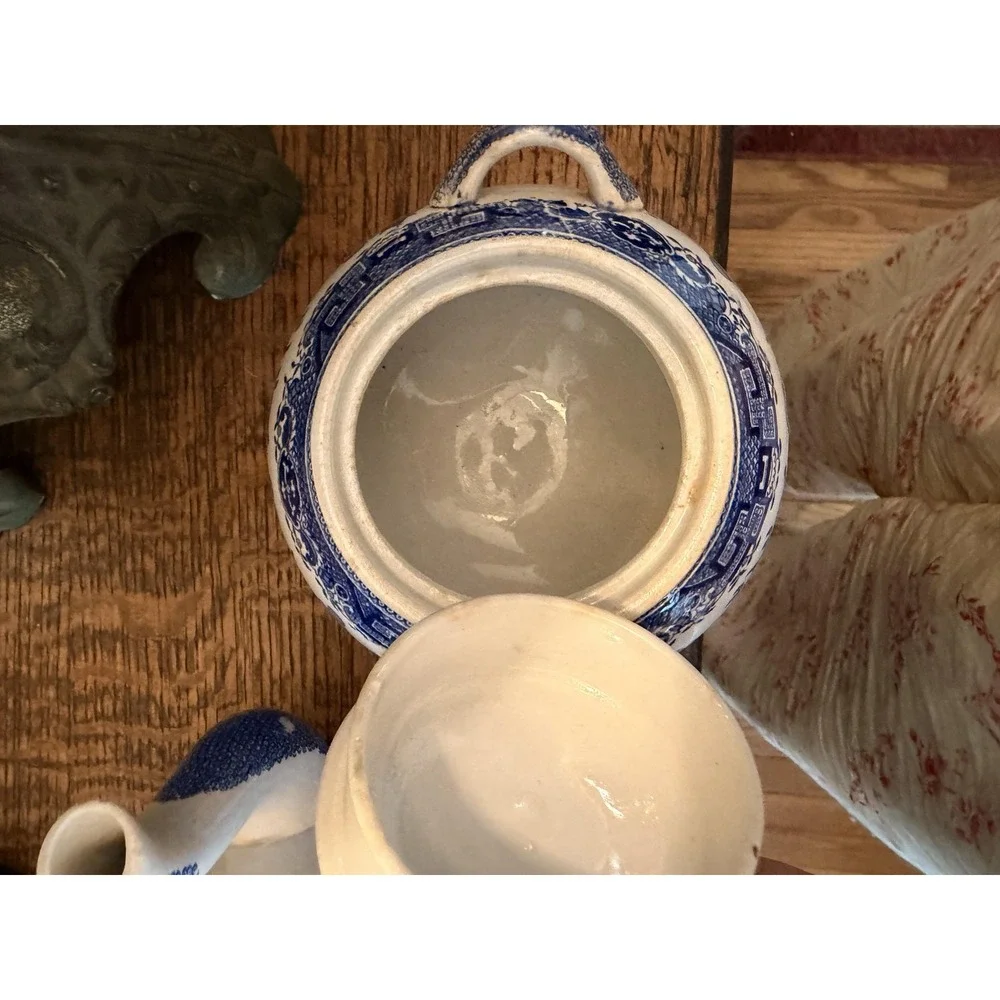Vintage Old Hall Blue Willow Teapot & Sugar Bowl Set Staffordshire England